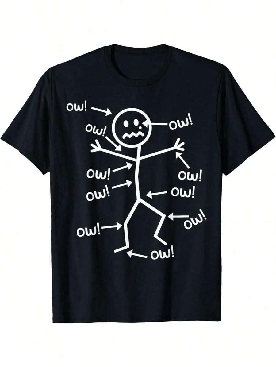 "Ow Ow Ow" T-Shirt - Funny Chronic Pain Awareness T-Shirt For All Seasons, Cotton, One-Sided Print, Crew Neck, Short Sleeve - 黑色 - View 1