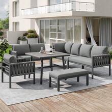 Rope Garden Furniture Set With Galvanized Iron Frame, Adjustable Feet, Corner Sofa, Tempered Glass Tabletop, Seat And Back Cushions Included, Grey - 灰色 - 查看 2
