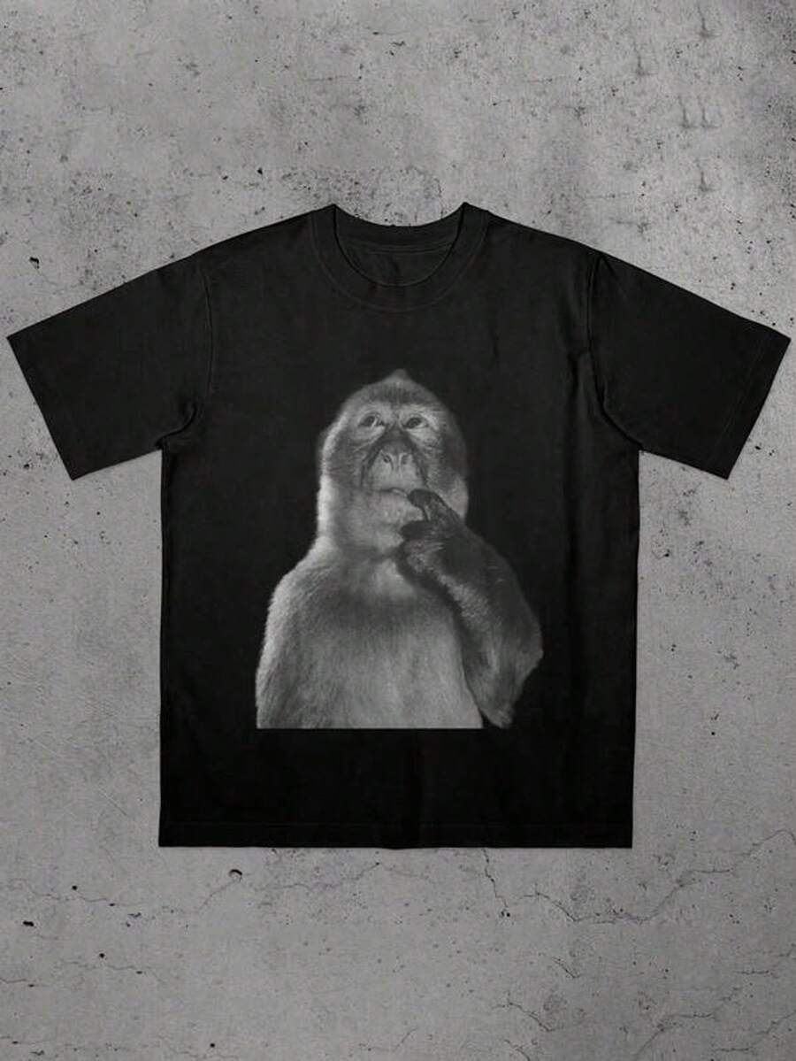 2026 Nueva Camiseta casual de cuello redondo con estampado divertido de mono, estilo Y2K para mujer, mejor regalo extravagante para ella, apta para uso diario en verano negro
