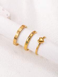 3pcs Fashionable Minimalist Stainless Steel Hollow Heart Diamond Inlaid Couple Rings Set, Suitable For Daily Wear, Holiday & Date Gift - Gold - View 9