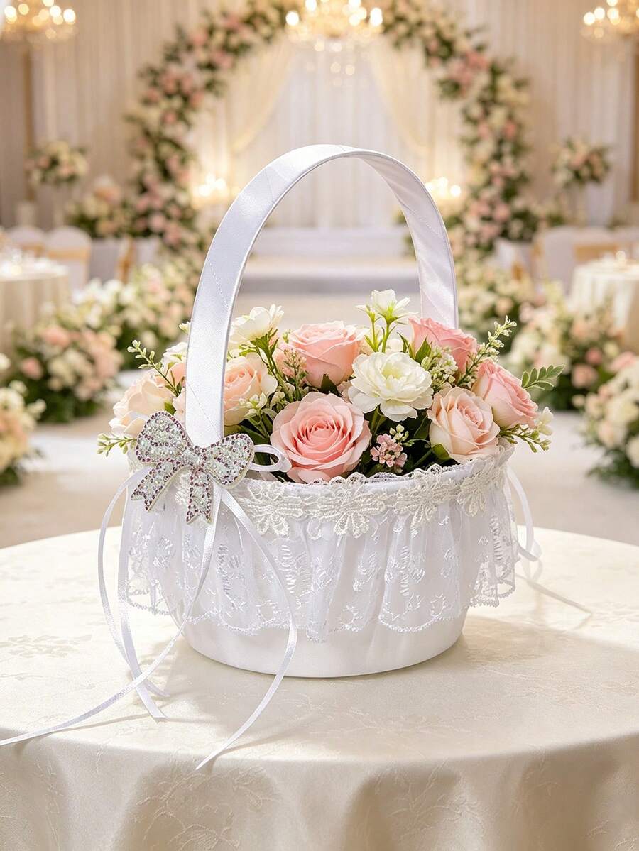 1个公主风水晶蝴蝶结花童篮,小女孩婚礼花瓣篮 - 白色 - 查看 1