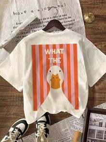 Camiseta Casual de Mujer con Cuello Redondo y Manga Corta, Estampado Gráfico de "Pato", Top Holgado y Cómodo para el Verano - Albaricoque - Ver 2