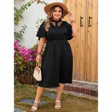 Vestido largo elegante negro, cuello en V, encaje con calados, color liso - Negro - Ver 4