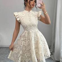 Women's Elegant Stand Collar Lace Solid Cap Sleeve A-Line Mini Dress, Suitable For Date, Party, Garden, Valentine's Day, Holiday - Albaricoque - Ver 8