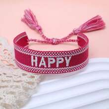 1pc Handmade Embroidered "HAPPY" Letter Woven Bracelet, Suitable For Friends, Family, Festivals, Parties, Travel, Casual Bohemian Style, Beach Vacation, Friendship Bracelet - Hot Pink - View 2