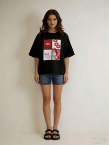 Camiseta de manga corta 100% para mujer, de diseño veraniego y estilo casual, versátil y con estampado de letras. - Negro - Ver 9