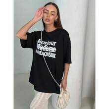 Camiseta de manga corta de algodón puro para el verano 2025, de diseño chique de nicho, de gran tamaño, con estampado de letras elaborado y elegante, a la moda. - Negro - Ver 10