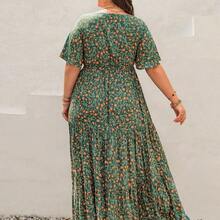 Bohemian Green Floral Print Tie-Front Flowy Hem Casual Plus Size Dress, Suitable For Easter Beach Outfit, Hawaiian Music Festival And Tropical Vacation Summer Elegant - Blanco - Ver 3