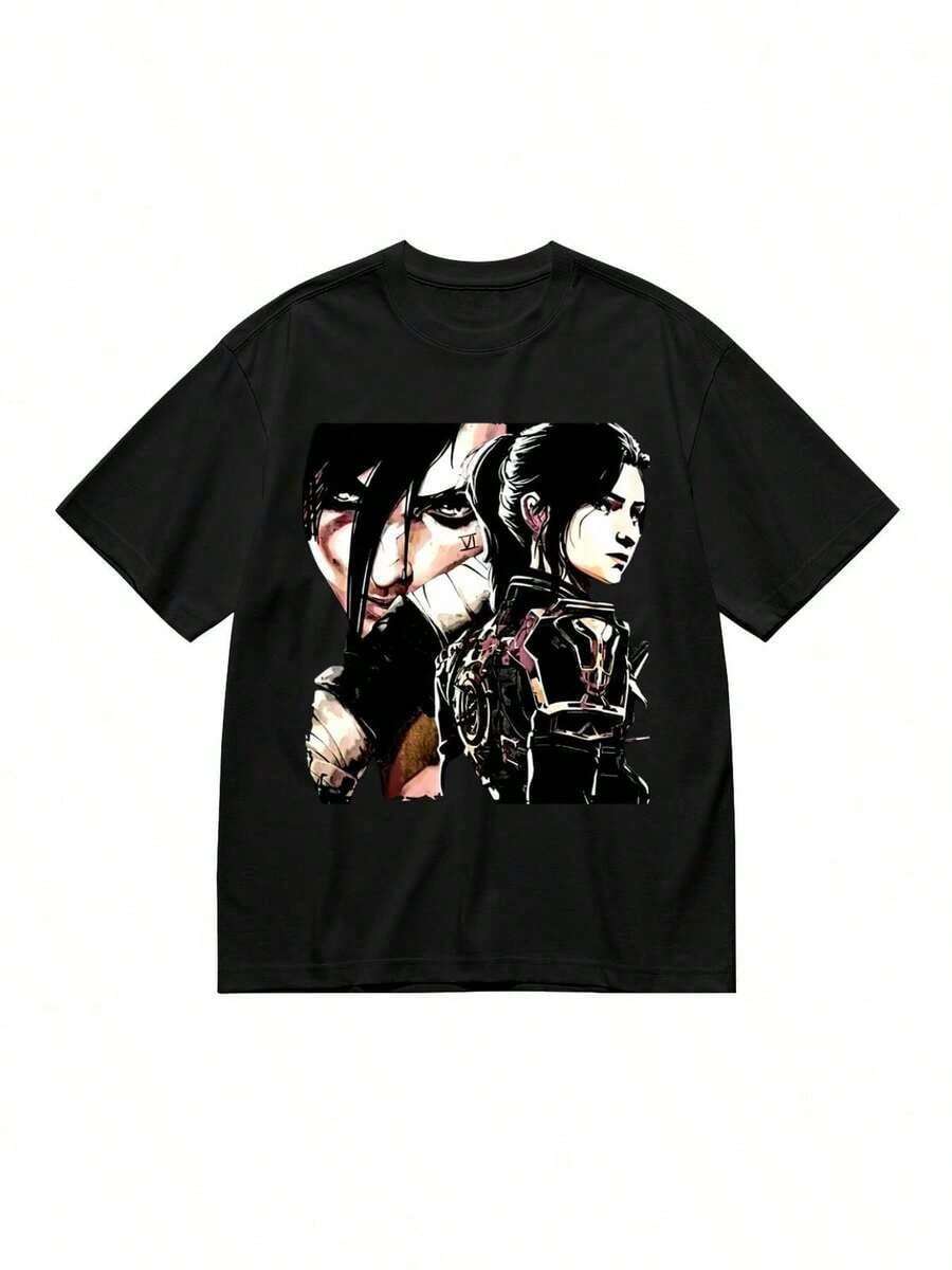 Camiseta casual suelta de algodón, ARCANE CAITLYN VI, gráfico negro, cómoda camiseta de algodón para hombres, cuello redondo, mangas cortas, 180g - Negro - Ver 1