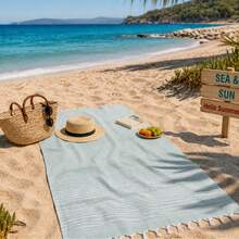 100% Cotton Turkish Beach Towel - Striped Peshtemal with Tassels- Quick-Dry & Soft Boho Beach Blanket - 淺藍色 - 查看 7