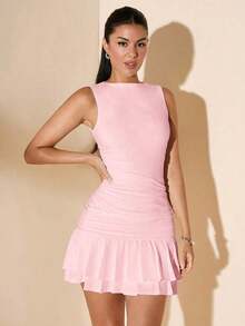 Vestido mini ajustado de mujer de color blanco liso sin mangas con volantes en la cintura y falda acampanada.Vestido de Body entero con capas para el verano, otoño e invierno - Rosa coral - Ver 7