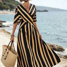 Holidaya Women's Yellow Striped Loose Vacation Spring/Summer V-Neck Fit-And-Flare Dress, Suitable For Vacation, Casual, Home And Daily Activities - Camel - Ver 9