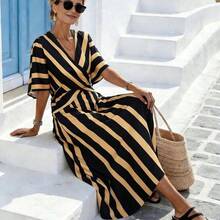 Holidaya Women's Yellow Striped Loose Vacation Spring/Summer V-Neck Fit-And-Flare Dress, Suitable For Vacation, Casual, Home And Daily Activities - Camel - Ver 8