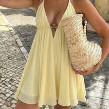 Women's Summer Black Spaghetti Strap Mini Dress, Deep V-Neck Camisole Style Tie-Up Chiffon Flowy Beach Holiday Party Dress Elegant - Amarillo - Ver 4
