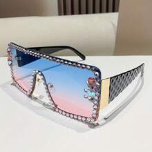 Women's Rhinestone Decorated Large Frame Fashion Glasses - Shiny Party And Daily Accessory, With Decorative Lenses, No Eye Protection,  Personality Glasses, Durable Frame - 黑灰 - 查看 7