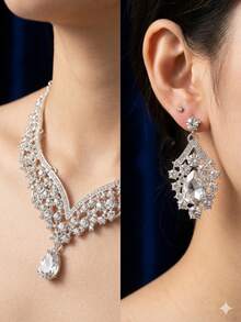3pcs Silver Bridal Necklace & Earrings Jewelry Set, Elegant Wedding Party Accessories - Silver - View 7