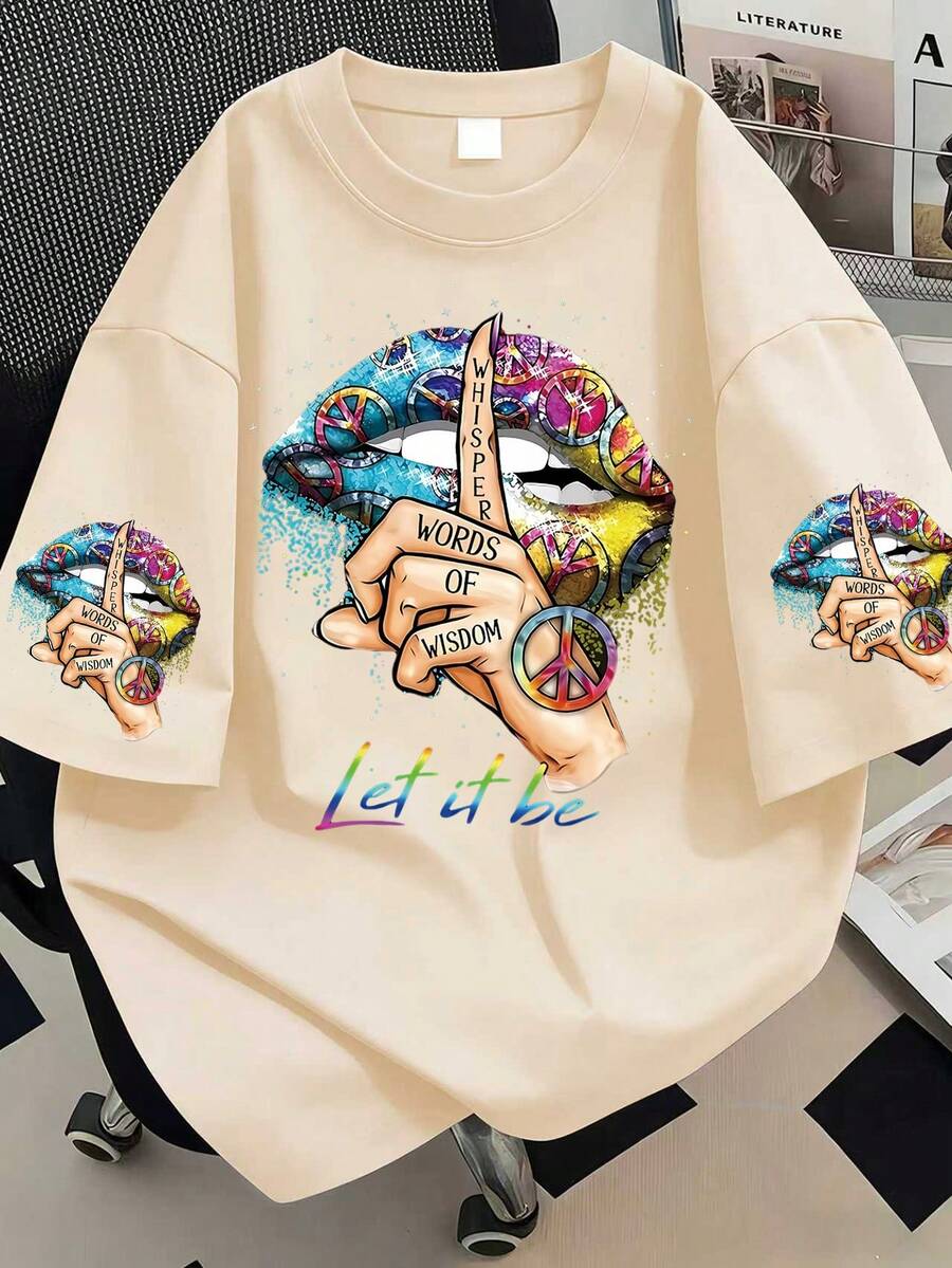 大尺碼女款休閒唇形印花圓領T恤,袖口印花短袖,適合日常穿著、海灘度假、外出、旅行、派對,夏季度假女裝 - 杏色 - 查看 1