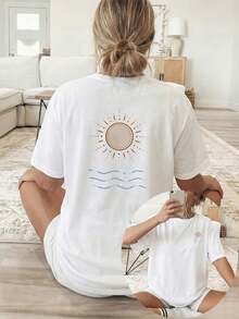 [Double-Sided Print] Women's Spring/Summer Loose Casual Clothing, Short-Sleeve Crew Neck T-Shirt, Sun And Wave Print - Vintage Urban Style, Unisex Cotton Loose Short-Sleeve Crew Neck T-Shirt - 白色 - 查看 12