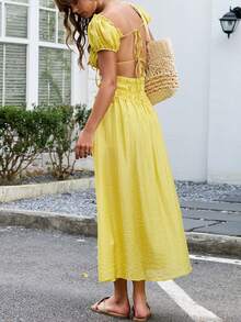 Vestido largo de verano mujer, cuello cuadrado con manga burbuja corta, espalda descubierta, estilo vacacional ideal para playa - Amarillo - Ver 5