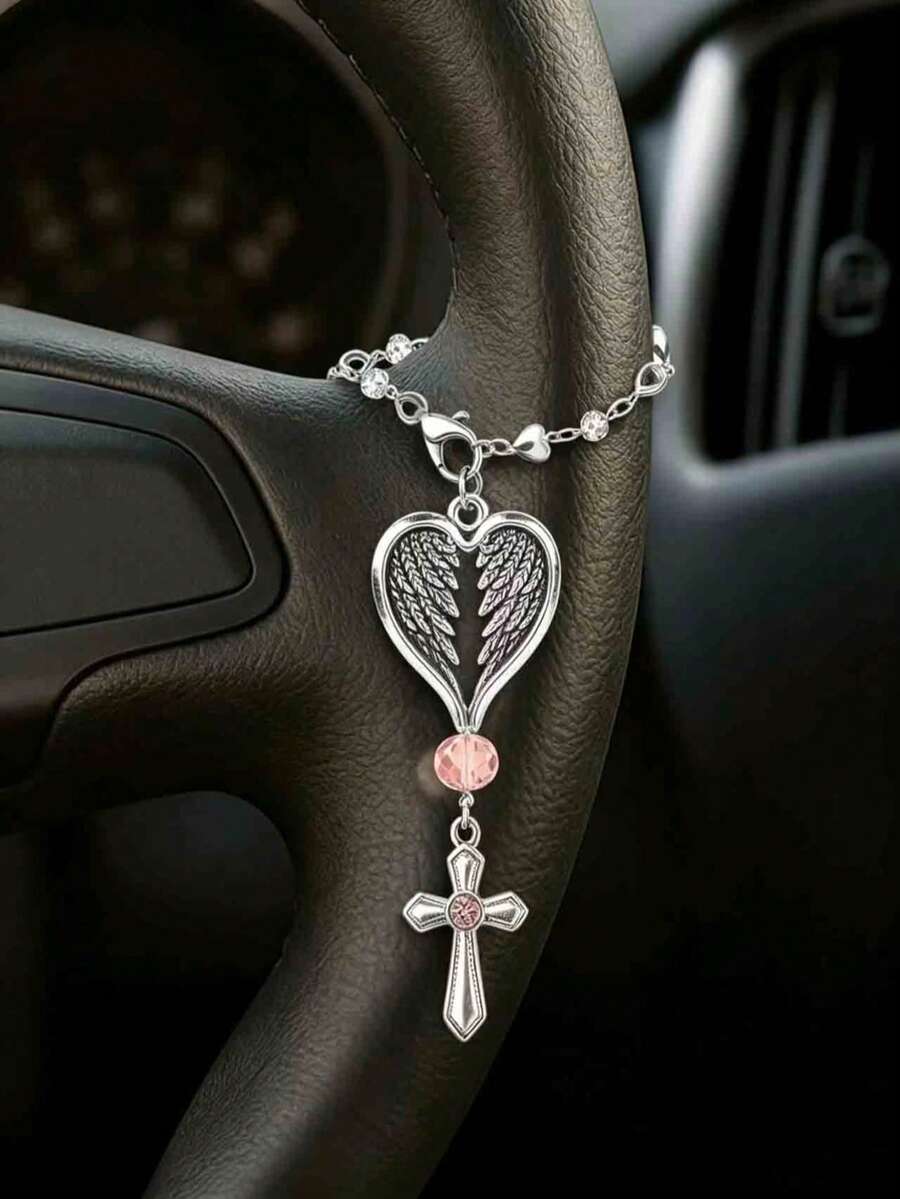 Pink Crystal Guardian Angel Car Hanging Ornament - Premium Alloy Angel Decor, Can Be Hung On Rearview Mirror, Steering Wheel, Women's Handbag, Etc. Elegant Car Interior Accessory, Ideal Gift For Ladies, Girlfriends And Family, Suitable For Any Occasion - A - View 1