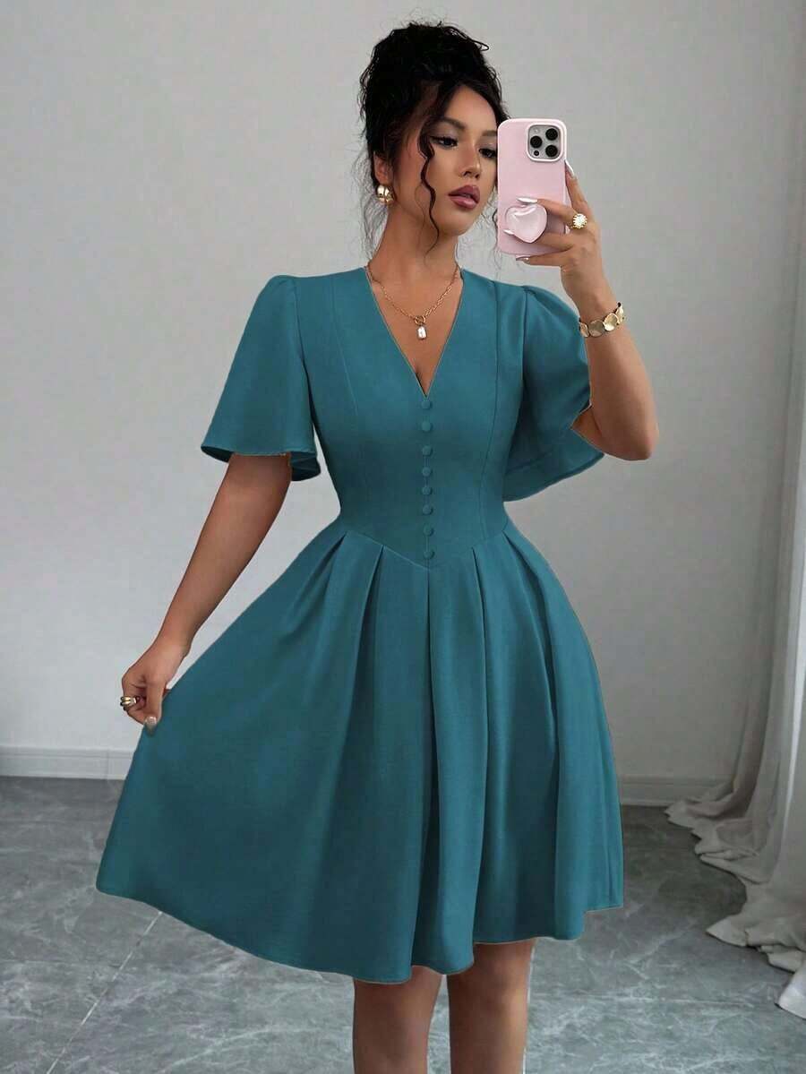 Vestido corto casual y elegante para mujer con cuello en V, mangas con volantes, botones decorativos en el bajo, cintura elástica, adecuado para primavera/verano, ir al trabajo, vacaciones, té de la tarde, fiestas - Agua verde azul - Ver 1