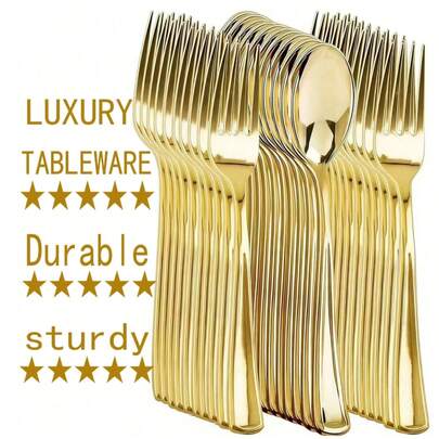 25pcs/Set Gold Reusable Cutlery Set, Includes Fork, Spoon, Cake Fork, Dessert Spoon, Salad Fork, Pasta Fork & Spoon, Suitable For Birthday, Wedding, Party, Family Gathering, Team Building, Outdoor BBQ, Camping, Banquet, School Supplies, Graduation Ceremony, Holiday Party And More Occasions