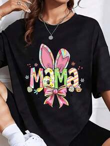 1 Piece Women's Mama Easter Bunny Ears And Bow Print T-Shirt, Spring Festival Gift, Is A Perfect T-Shirt To Give To Friends And Family On Any Holiday Or Special Occasion, 180g 100% Cotton. - 黑色 - 查看 12