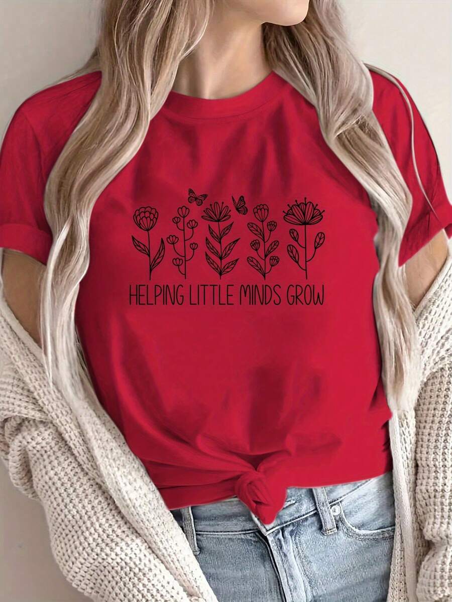 Camiseta casual con estampado floral y de letras "Ayudando a que crezcan los corazones pequeños", inspirada en educadores, 2026 - Top de manga corta y cuello redondo en rosa suave, transpirable y lavable a máquina, diseñada para maestros y profesionales de la educación infantil, ropa cómoda, camiseta con mensaje inspirador, camiseta para usar en todas las estaciones. - Rojo - Ver 1