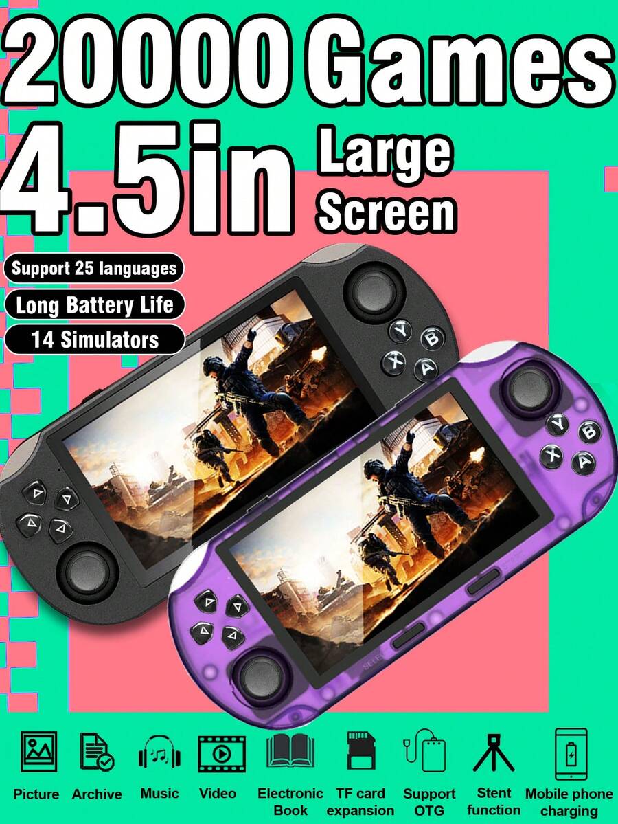 1件新款手持遊戲機 4.5吋大螢幕 20000款復古經典遊戲 14款模擬器 經典雙搖桿 便攜懷舊街機 多功能附支架 支援圖片音樂影片電子書 行動電源 節日禮物
