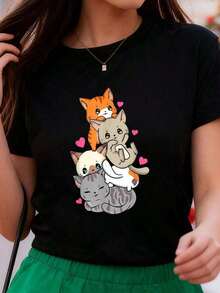 Camiseta gráfica para mujer con encantador estampado de gatitos kawaii estilo anime neko. Diseño adorable y ligero, ideal para el verano, perfecta como regalo y para looks casuales y juveniles. - Blanco - Ver 7