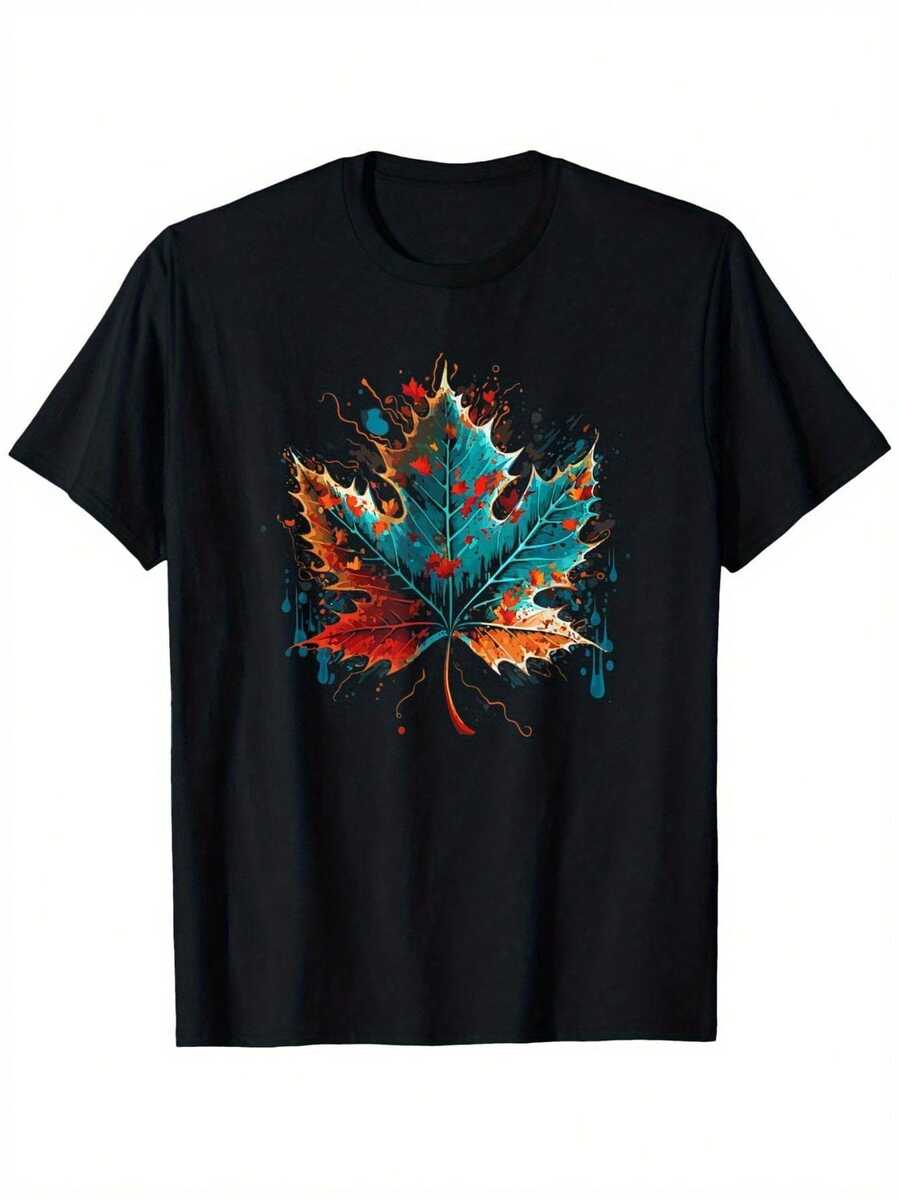 Camiseta manga corta cuello redondo 100% algodón, estampado trendy, tejido ligero y ventilado, estilo moda casual, apta para vida diaria, salidas informales y citas en primavera, verano y otoño - Negro - Ver 1