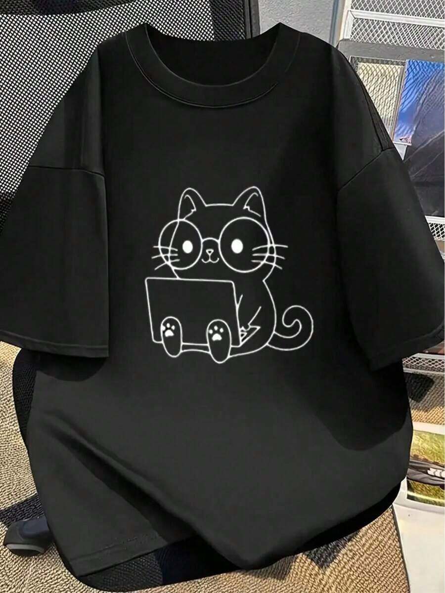 Fashionable Short-Sleeved Women's Leisure Sports Shirt, 2D Patterned, Stretchy And Comfortable, Suitable For Sports, Travel, And Casual Daily Wear - Conventional Round Neck Version, Knitted Fabric, Patterned T-Shirt, Comfortable Shirt, Fashionable Printed Women's Short-Sleeved Shirt - 黑色 - 查看 1