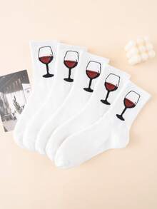 5/10 Pairs Women Socks, Minimalist Black White Wine Glass Graphic Casual Mid-Calf Socks, Versatile Solid Color, Spring/Summer - Multicolor - View 13