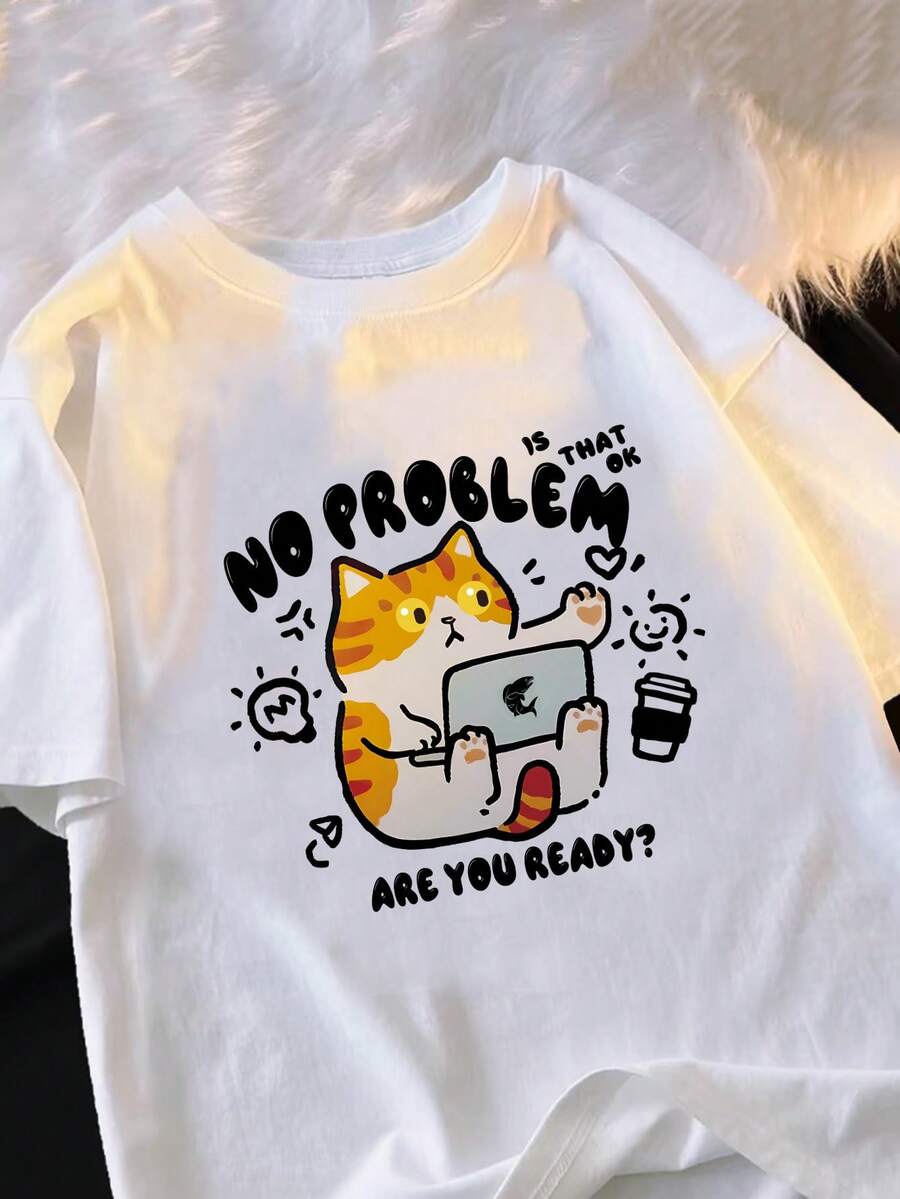 No Es Gran Cosa, Mantén la Calma. Camiseta de  Puro de Manga Corta para Hombres, Divertida y Transpirable para el Verano, Gato Naranja - Blanco - Ver 1