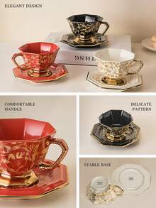 DearDali 1 Set 220ml Vintage Gilded Ceramic Cup & Saucer, European Palace Style Luxury Octagonal Design Gold-Rimmed Mug, Home Decor, Couple/Best Friend Gift, Coffee/Tea Cup - Multicolor - View 9