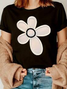 1 camiseta casual de manga corta para mujer con estampado geométrico, cuello redondo, tela transpirable y ligera para primavera, verano y otoño, lavable a máquina, camiseta casual diaria para mujer, 180g 100% algodón. - Negro - Ver 7