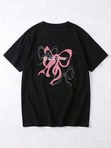 Camiseta de Mujer de Corte Holgado con Cuello Redondo y Manga Corta, Estampado de Letras y Lazos, Casual para Primavera/Verano, Negra Adecuado como regalo. playera de mujer. blusas>elegantes - Negro - Ver 5