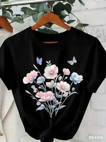 Camiseta genial informal para mujer con estampado floral |     Camiseta Casual de Manga Corta con Cuello Redondo para Primavera y Verano - Negro - Ver 7