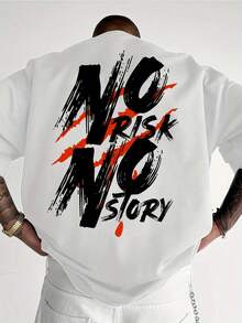 Men's Graphic Tee With "NO RISK NO STORY" Print - Featuring Eye-Catching Black And Orange Lettering, Perfect For Streetwear. This Casual Crew Neck Tee Is Suitable For Both Everyday And Formal Wear And Is Machine Washable. A Comfortable, Loose-Fitting Tee For Men. - Back - View 6