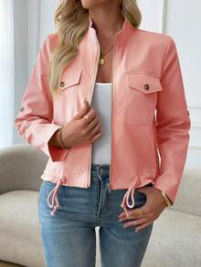Women's Lightweight Stand Collar Bomber Jacket - Fashionable Zip-Up Flight Jacket With Decorative Front Pockets And Adjustable Drawstring Hem, An Ideal Casual Street Style Outerwear For Spring And Autumn. Pink - Pink - View 5