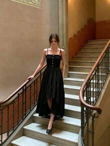 Nuevo vestido de tirantes elegante y vintage con recogido en la cintura, para primavera/verano - Negro - Ver 6