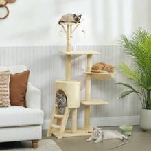 Cat Scratching Tree With Cave, 4 Toys, Sisal Posts, Large Platform, Stairs, For Cats Under 5 Kg, Beige Color. - Beige - View 2