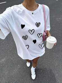 Camiseta de moda femenina de verano de manga corta camiseta de moda casual al aire libre 'love' estampado camiseta casual femenina con patrón relajado - Blanco - Ver 1
