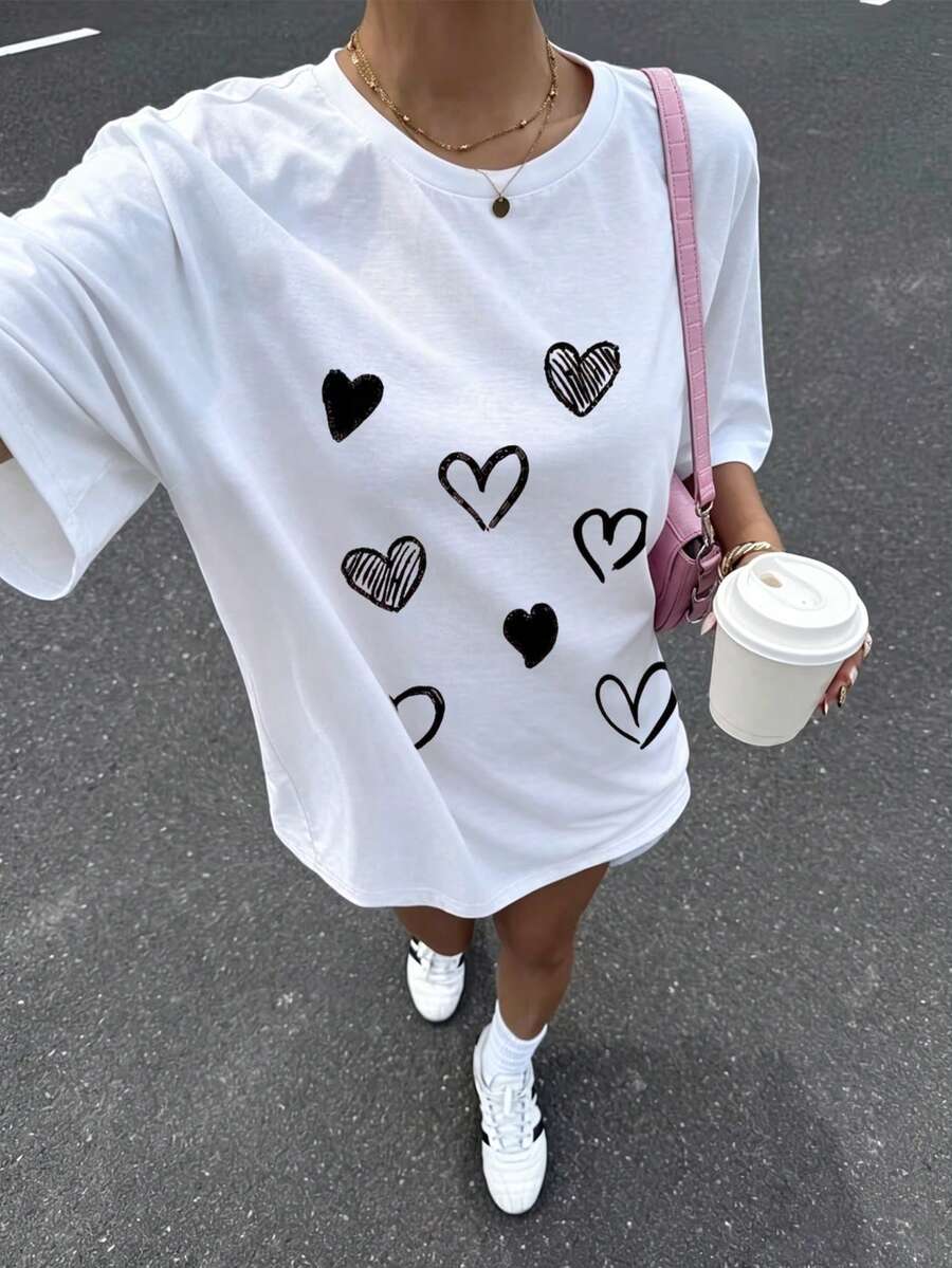 Camiseta de moda femenina de verano de manga corta camiseta de moda casual al aire libre 'love' estampado camiseta casual femenina con patrón relajado - Blanco - Ver 1