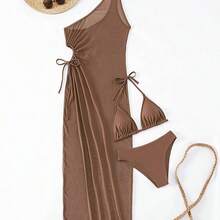 Swim Vcay Summer Beach Mono Bikini Set Halter Triangle Bra & Bikini & Drawstring Cutout Side Cover Up Dress 3 Piece Swimwear - Café integral - Ver 4