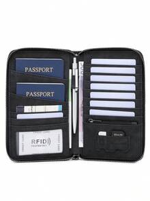 CHARM INFINITE RFID 防盗旅行护照钱包，仿皮拉链收纳包，带腕带、多卡位和文件袋 - 黑色 - 查看 6