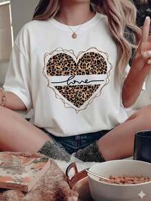 Camiseta Casual de Manga Corta con Cuello Redondo para Mujer, con Estampado de Corazón de Leopardo, Corte Regular, Top de Poliéster - Blanco - Ver 9