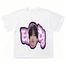 Bangtan Boys Kim Taehyung Graphic T-Shirt - Custom K-Pop Idol Face And Hangul Text Printed Casual Short Sleeve Cotton Tee - trắng - Xem 2