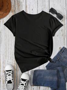 Women's Casual T-Shirt, Loose And Comfortable For Summer, Portuguese Custard Graphic Print With Slogan "Keep Calm & Have Pastries", Breathable Round Neck, Ideal For Travel Souvenirs And Casual Wear, Fun Design, Soft Texture, For Pastry Lovers - 黑色 - 查看 3