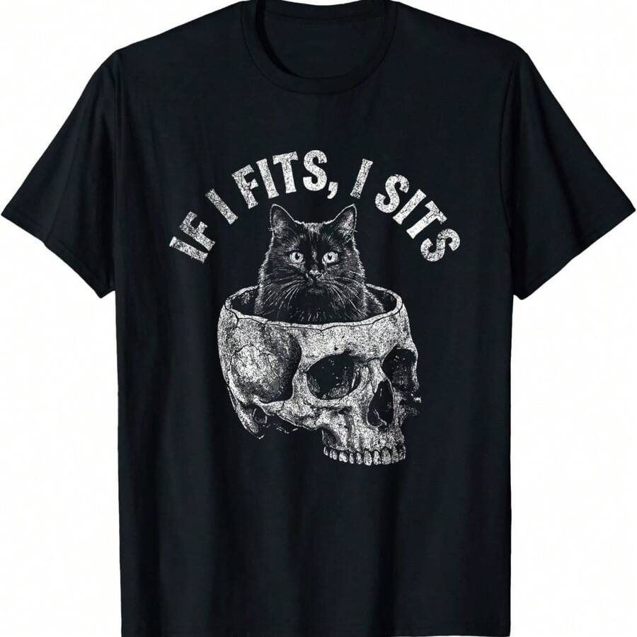 If I Fits I Sits Black-Cat In Skull Gothic Funny Cat Meme T-Shirt - Black - View 1
